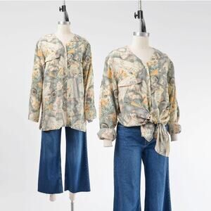 Vintage 90s Silk Travel Map Print Blouse Button Down Long Sleeve Shirt Large